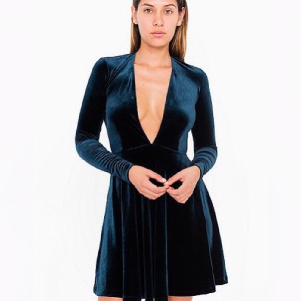 American Apparel Green Velvet Deep V Skater Dress